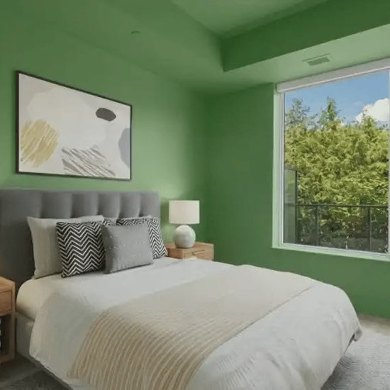 One bedroom rendered again and again - green, butter yellow, blue, then back to white