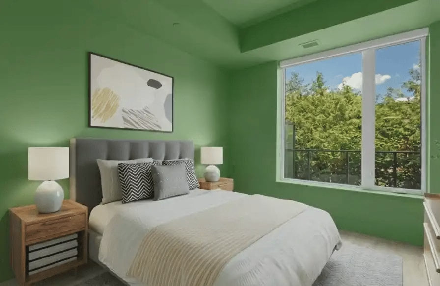 One bedroom rendered again and again - green, butter yellow, blue, then back to white